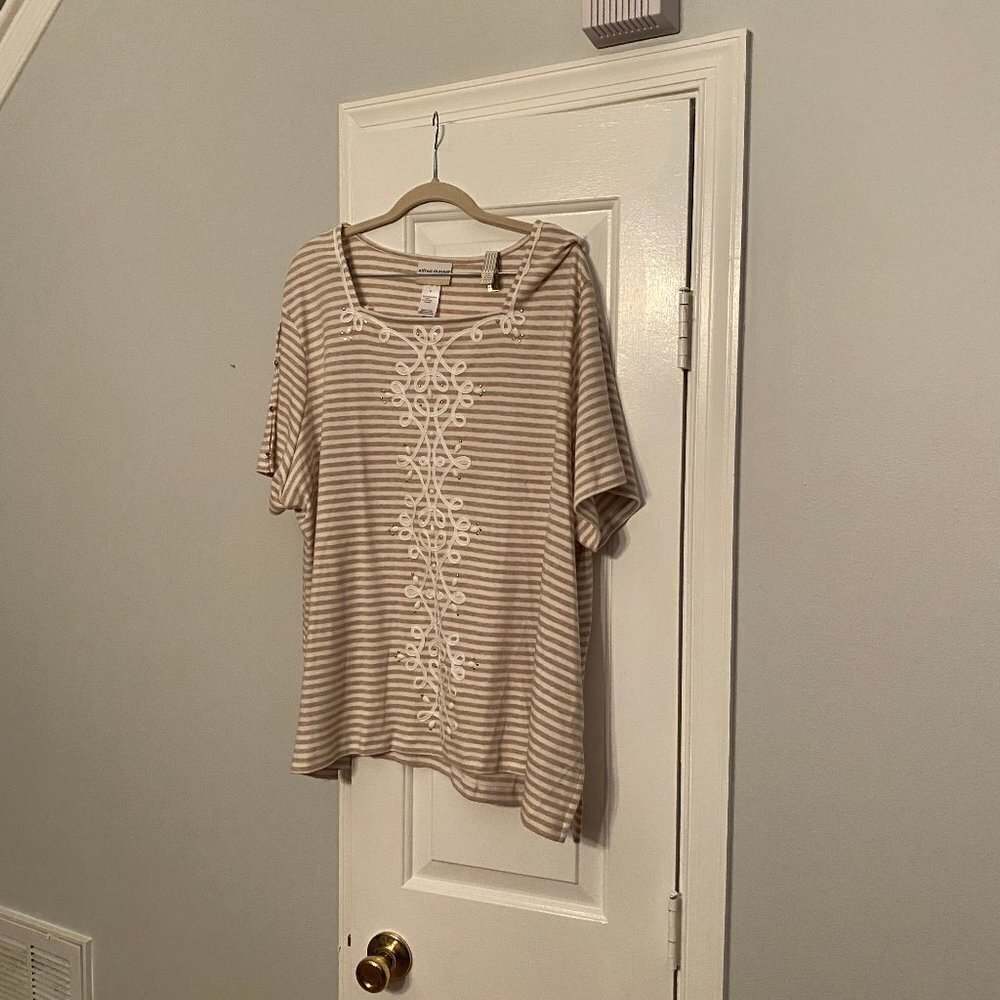 # 3X Tan and white embellished stripe shirt